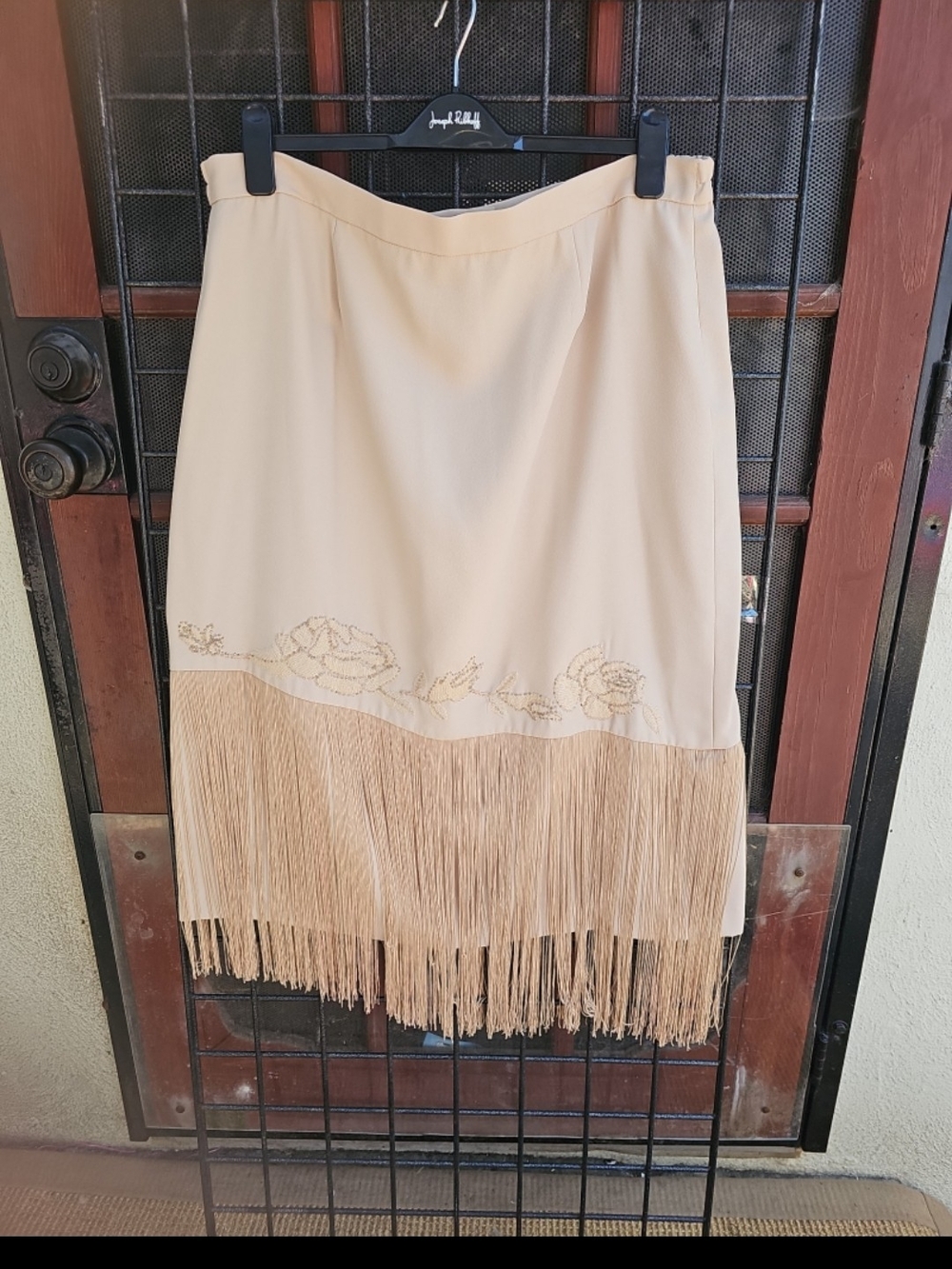 Beige Floral Embroidered Fringe Midi Skirt - Women